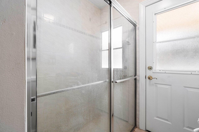 bathroom with a shower with shower door