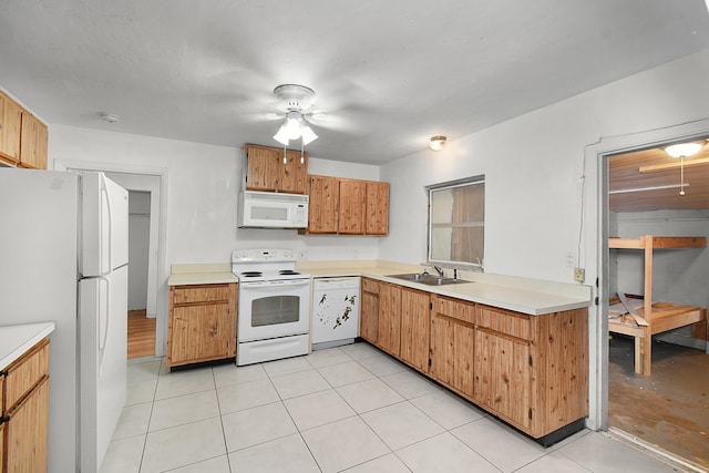 kitchen featuring ceiling fan, sink, light tile patterned flooring, and white appliances