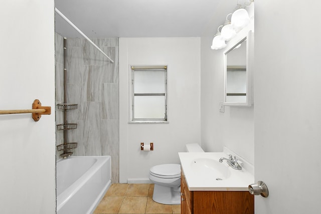 full bathroom with tiled shower / bath, tile patterned flooring, vanity, and toilet