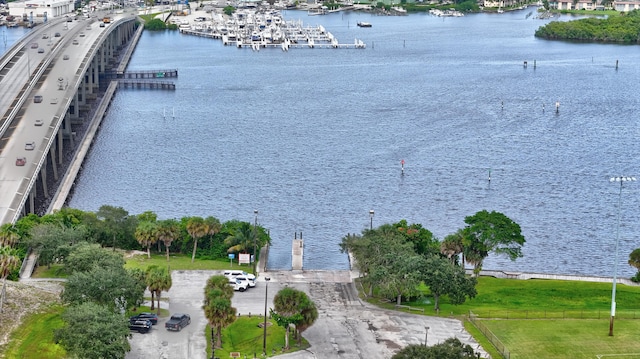 aerial view featuring a water view