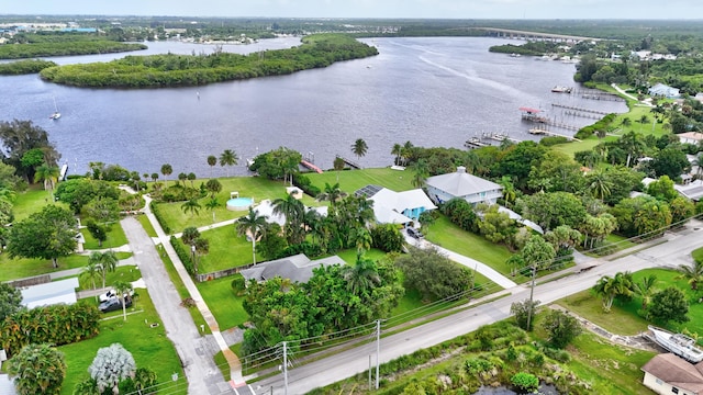 drone / aerial view featuring a water view