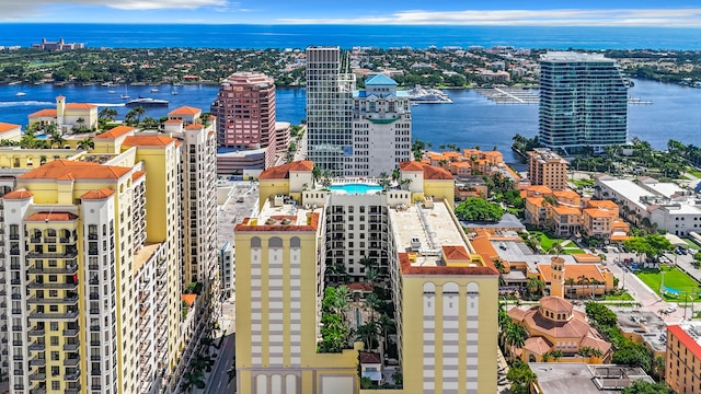 aerial view featuring a water view