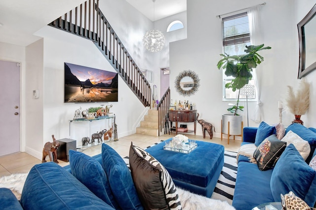 tiled living room with a towering ceiling