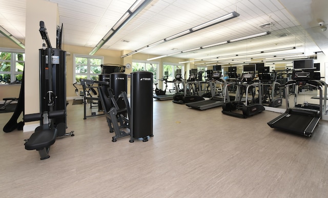 workout area with hardwood / wood-style floors