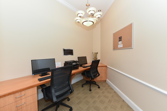 office space featuring a chandelier, light colored carpet, and crown molding