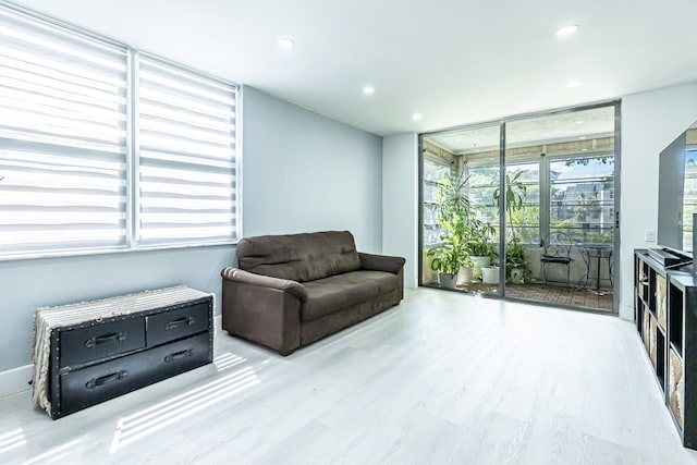 living room with light hardwood / wood-style flooring, floor to ceiling windows, and a healthy amount of sunlight