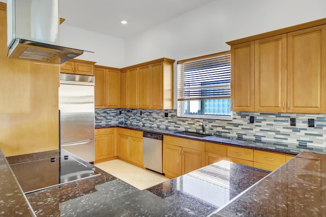 kitchen featuring sink, tasteful backsplash, ventilation hood, light tile patterned floors, and appliances with stainless steel finishes