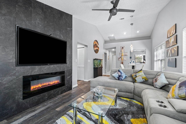 living room featuring a textured ceiling, lofted ceiling, dark wood-type flooring, and a high end fireplace