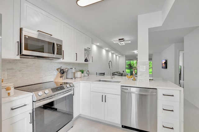 kitchen featuring tasteful backsplash, sink, kitchen peninsula, white cabinetry, and appliances with stainless steel finishes