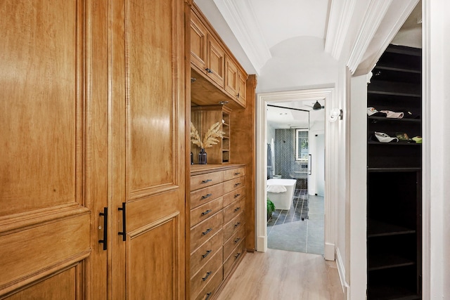 hallway with light wood-type flooring and crown molding