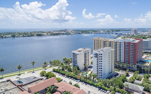 birds eye view of property featuring a water view