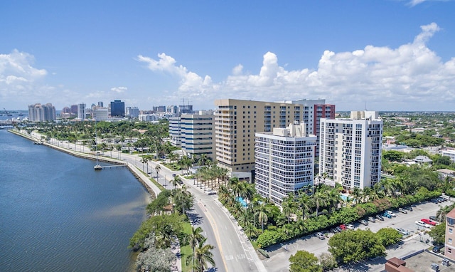 bird's eye view with a water view