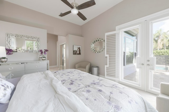 bedroom with access to outside, light carpet, and ceiling fan