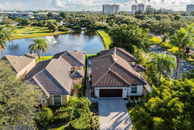 birds eye view of property featuring a water view