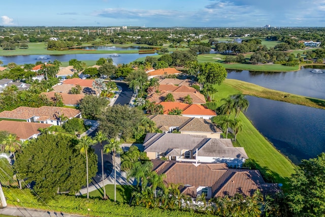 drone / aerial view with a water view