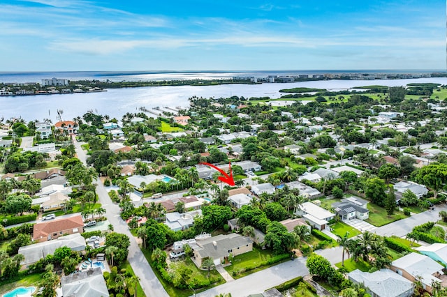 aerial view featuring a water view