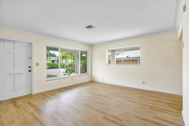 interior space with ornamental molding, light wood-type flooring, and plenty of natural light