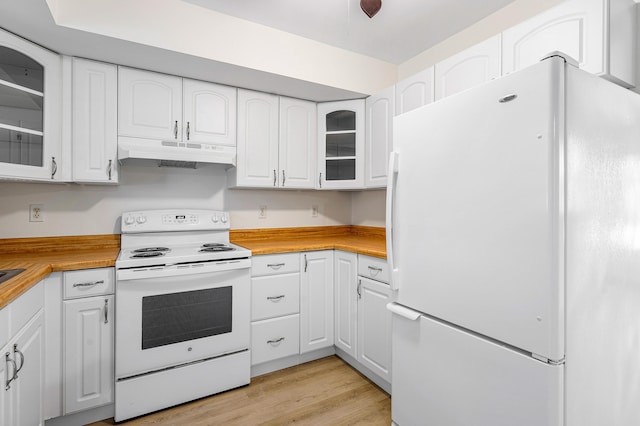 kitchen featuring white cabinetry, white appliances, wooden counters, ceiling fan, and light hardwood / wood-style flooring