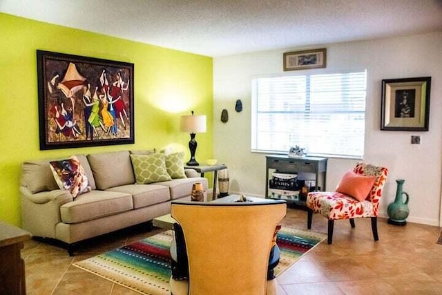 living room featuring a textured ceiling