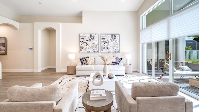 living room with light hardwood / wood-style flooring