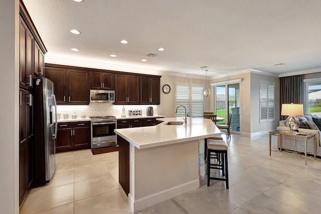 kitchen with a center island with sink, sink, stainless steel appliances, and a wealth of natural light