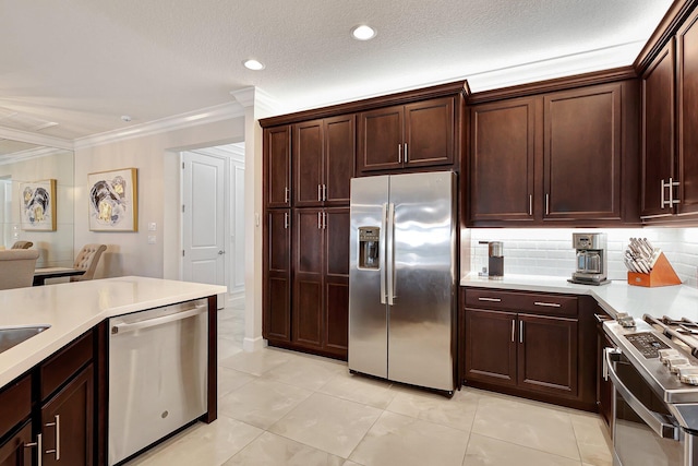 kitchen with decorative backsplash, crown molding, light tile patterned floors, and stainless steel appliances