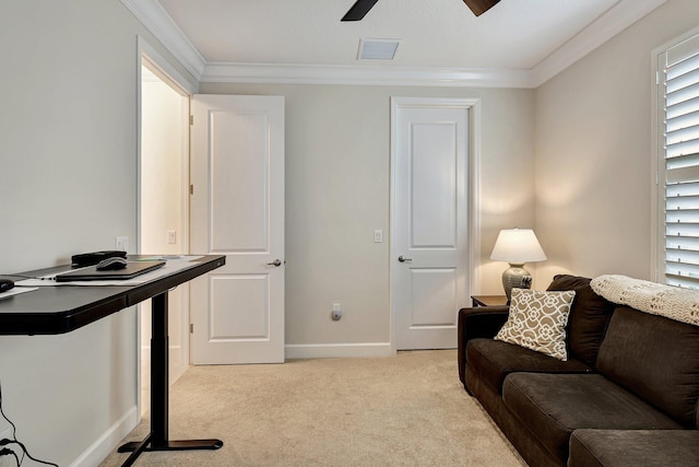 interior space with crown molding and ceiling fan