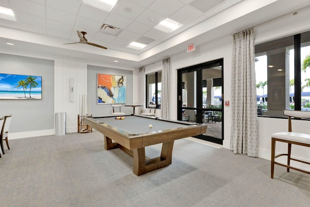 recreation room featuring light carpet, a paneled ceiling, pool table, and a wealth of natural light