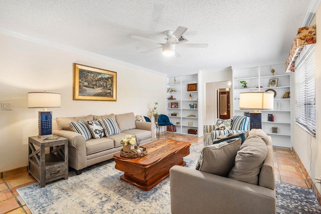 living room with a textured ceiling, ceiling fan, and crown molding