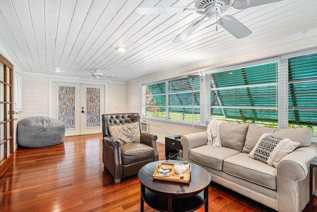 living room with french doors, hardwood / wood-style flooring, ceiling fan, and wooden ceiling