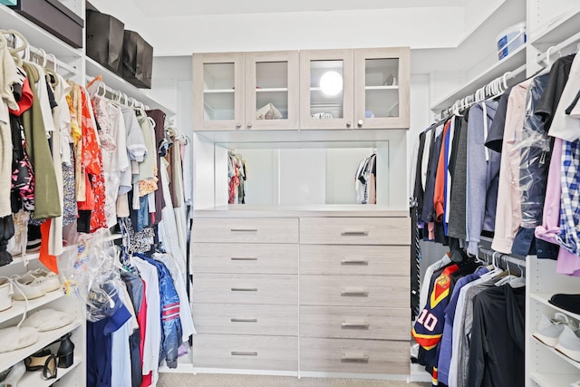 walk in closet featuring light colored carpet