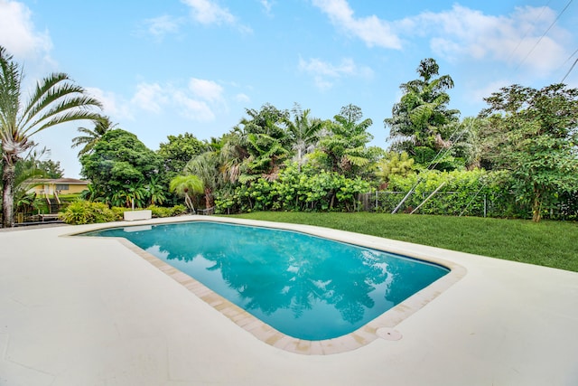 view of pool featuring a lawn and a patio area