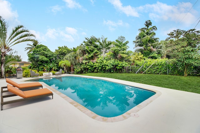 view of swimming pool featuring a patio and a lawn