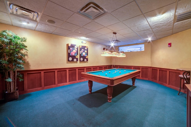 playroom with billiards, a paneled ceiling, and dark colored carpet