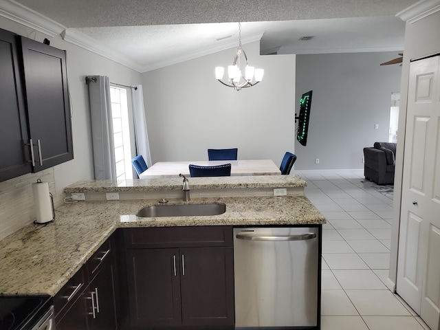 kitchen with lofted ceiling, sink, a textured ceiling, stainless steel appliances, and crown molding