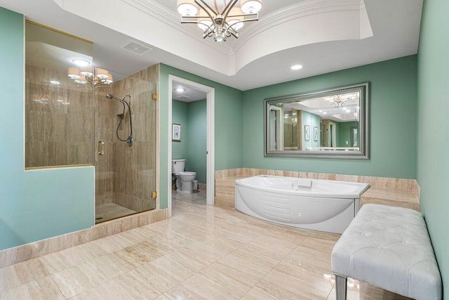 bathroom with shower with separate bathtub, a chandelier, toilet, and ornamental molding