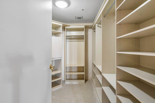 spacious closet featuring light colored carpet