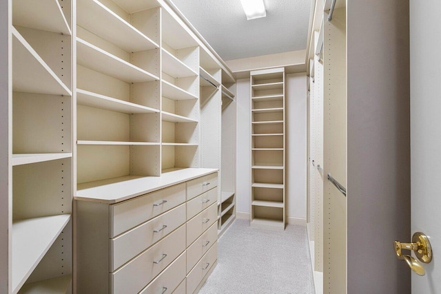 spacious closet featuring light carpet