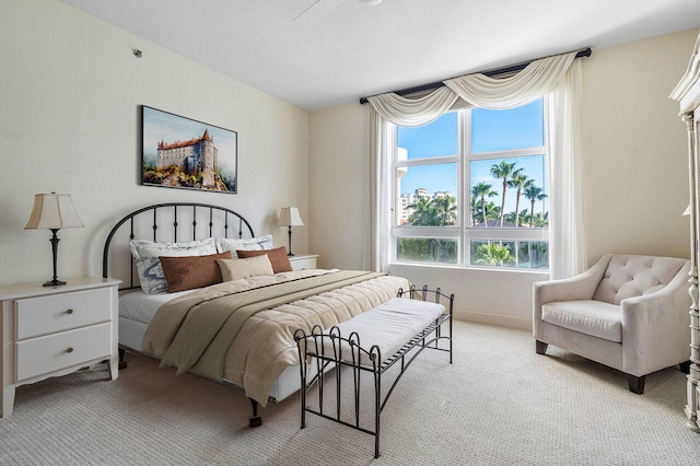 carpeted bedroom with multiple windows and a textured ceiling