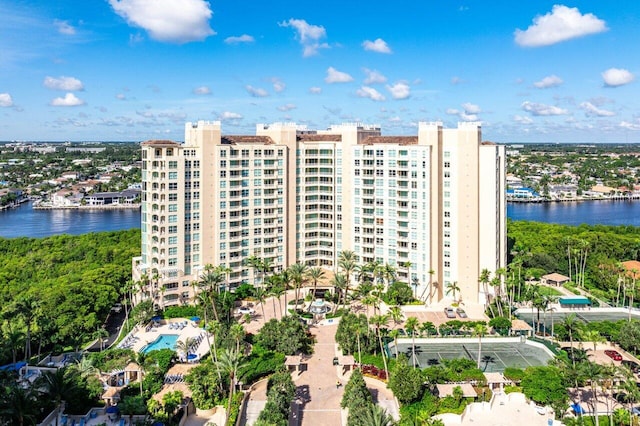 view of building exterior featuring a water view