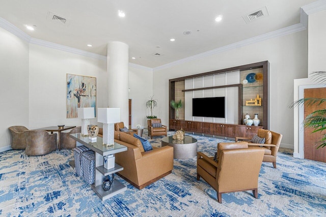 living room with ornamental molding