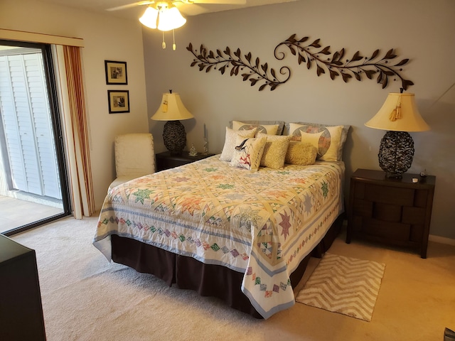 carpeted bedroom with ceiling fan and access to outside