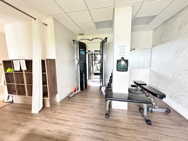 workout area featuring wood-type flooring and a paneled ceiling