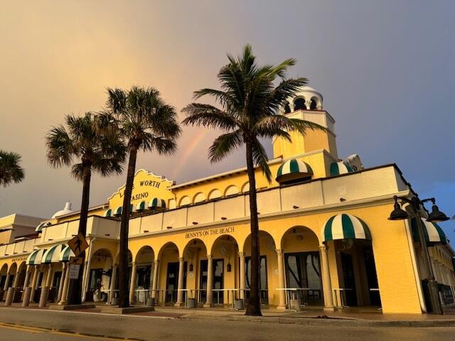 view of outdoor building at dusk