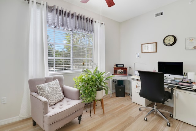 office area featuring ceiling fan and light hardwood / wood-style flooring