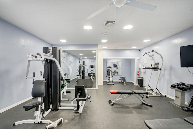 gym featuring ceiling fan