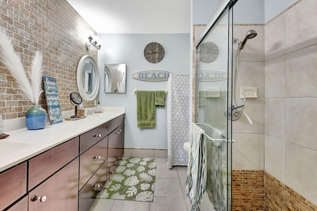 bathroom featuring vanity, toilet, tile patterned floors, and an enclosed shower