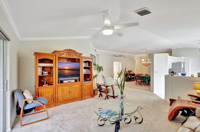 carpeted living room featuring a textured ceiling, ceiling fan with notable chandelier, crown molding, and lofted ceiling