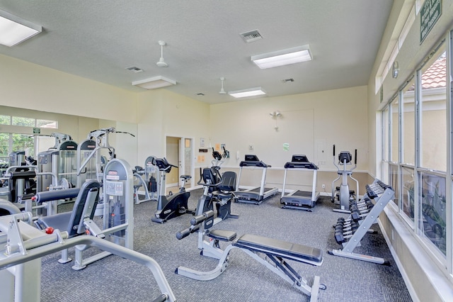 workout area with a textured ceiling