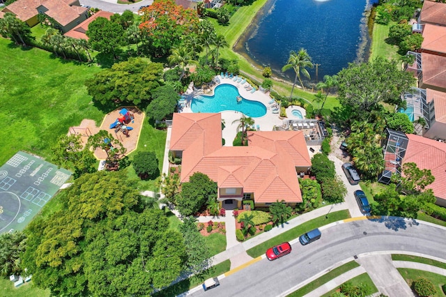 birds eye view of property featuring a water view